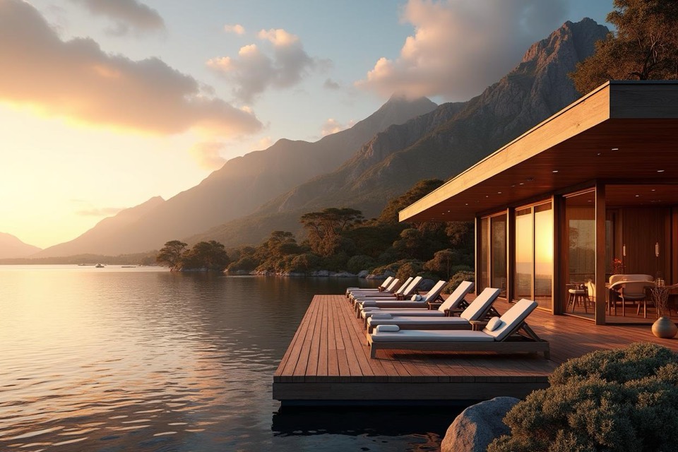 Villa frente al lago al atardecer